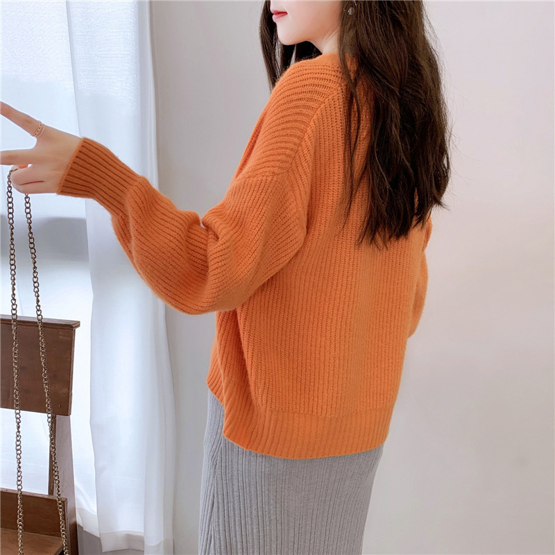 French V-Neck Candy Color Long Sleeve Cardigan Women's Loose Knit Sweater Coat Casual Elegant Outerwear_ecoleips.com