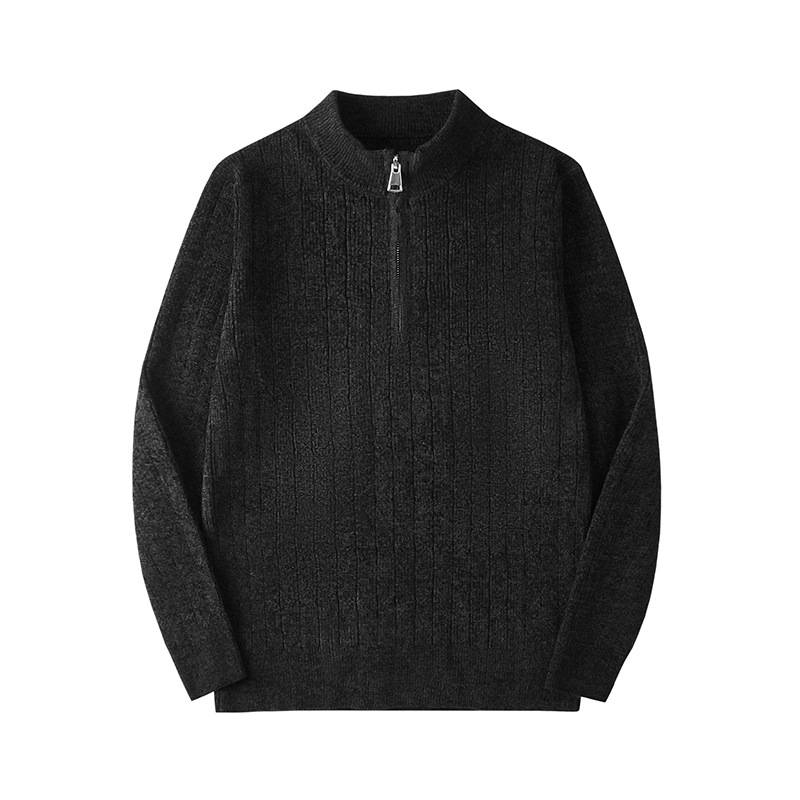 Maglione invernale da uomo in maglia jacquard con cerniera, motivo a blocchi di colore e a righe, strato di base spesso da 320 g, vestibilità ampia e collo alto._voghion.com