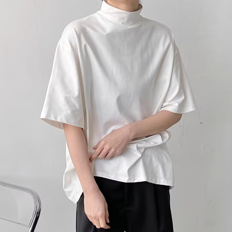 Men's Lightweight Turtleneck Base Shirt Korean Style Youth Fashion Short-Sleeve T-Shirt Round Neck Solid Color Top Same as in Stores