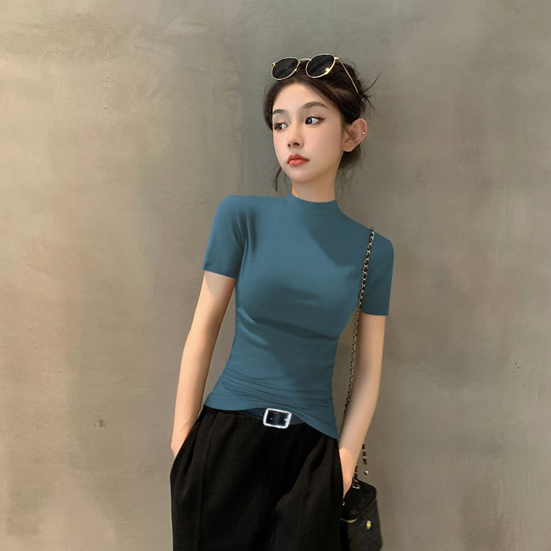 미스트 블루 하프 터틀넥 반소매