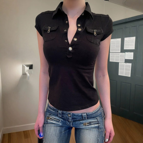 American Style Street Lapel Tooling Short-sleeved T-shirt Women's 2025 Spice Girl All-match Buckle V-neck Zipper Pocket Slim-fit Top