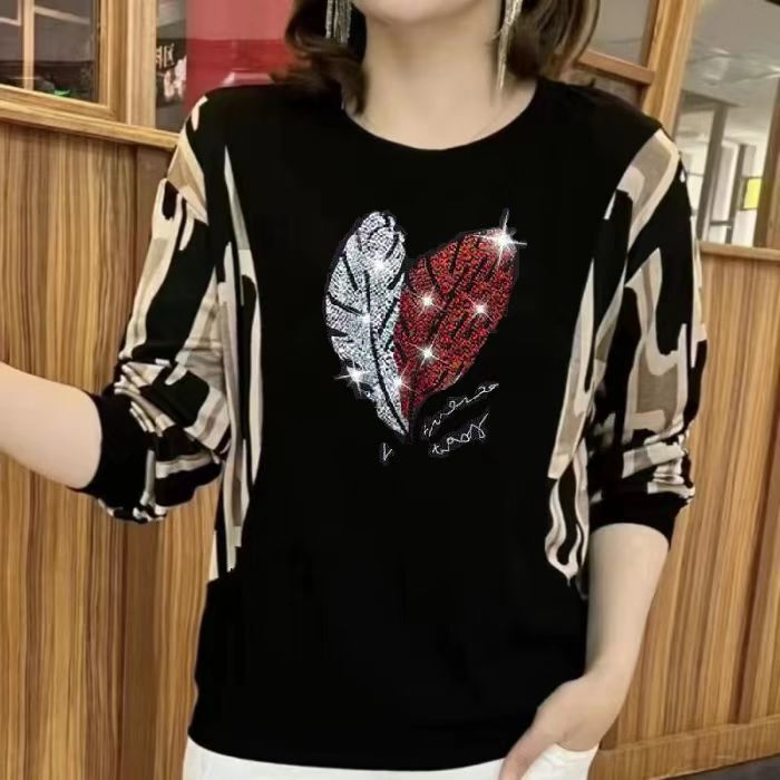 减龄女装圆领上衣2025春季新款烫钻时尚宽松遮肉外穿洋气妈妈装潮|undefined