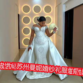 亚马逊新款外贸婚纱礼服  非洲跨境新娘结婚2合1可拆卸蕾丝婚纱