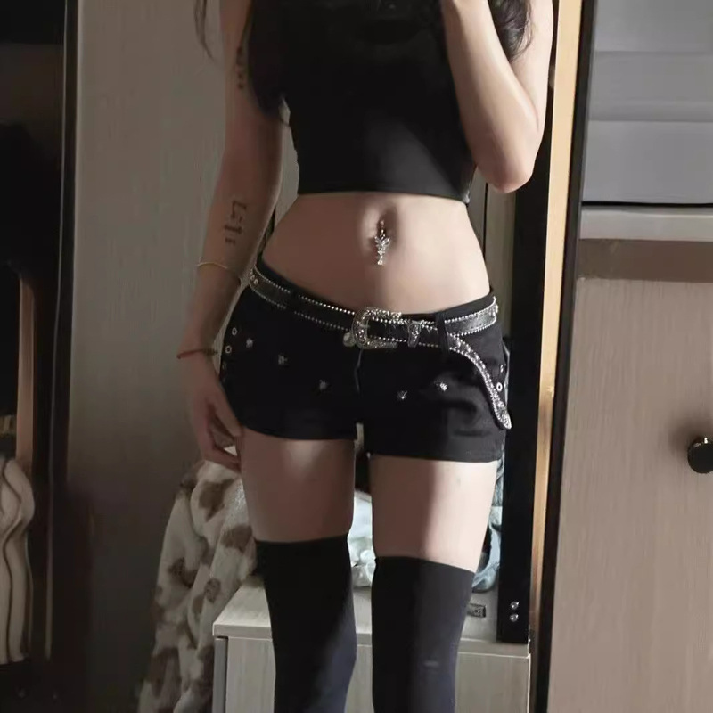 American Style Spice Girls Diablo Y2K Small Black Pants with Rivet Design Sense Denim Super Shorts Women's Low Waist Slimming Hot Pants