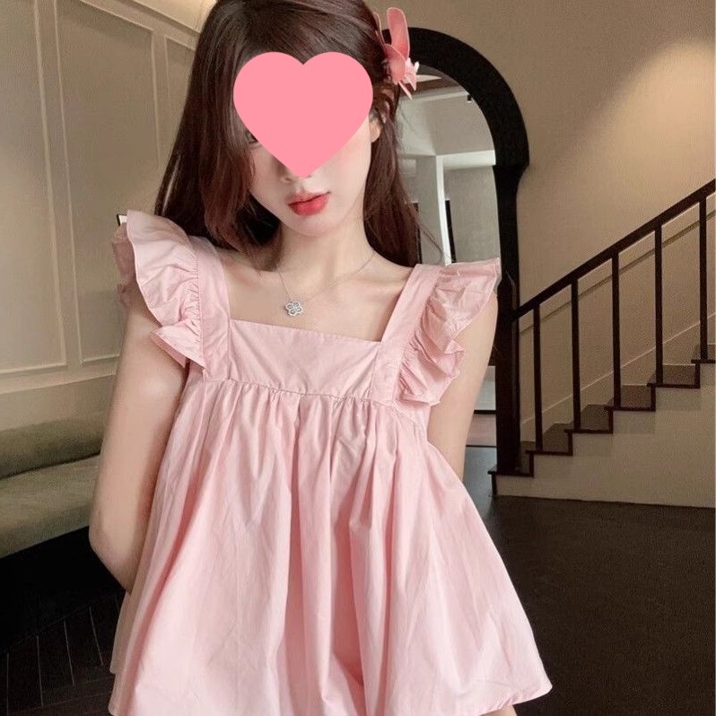 Sweet Little Flying Sleeve Design Suspender Shirt, Summer Chic Loose Top, Doll French Shirt, Shipped Within Days Sweet Little Flying Sleeve Design Suspender Shirt, Summer Chic Loose Top, Doll French Shirt, Shipped Within Days