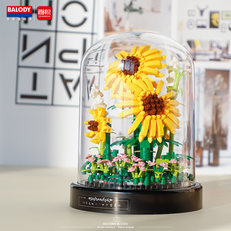 Girasol Rose bouquet en maceta decoración de escritorio regalo la muchacha pequeña partícula bloques montaje imagen juguetes para niños