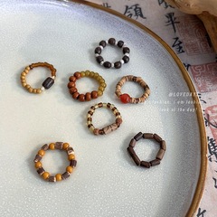 手作新中式復古石頭木珠串珠戒指女小眾設計時尚個性戒指配飾潮