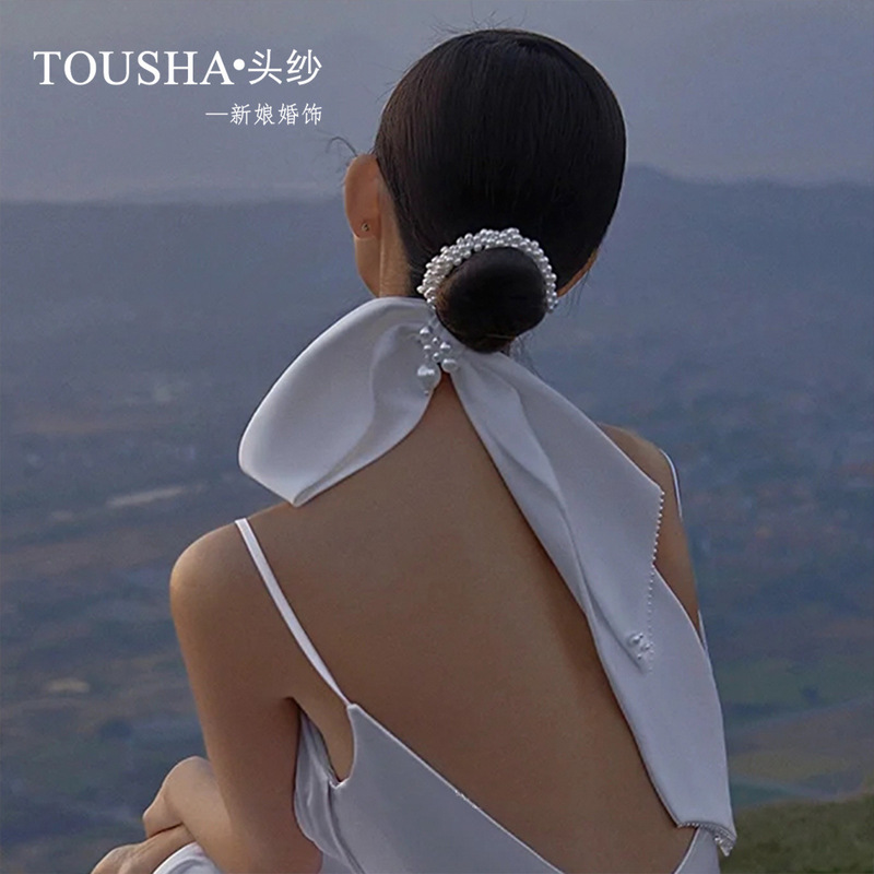 New Hand-Beaded Satin Exquisite Bow Hair Rope Bride Wedding Daily Accessories Photo Photography Styling