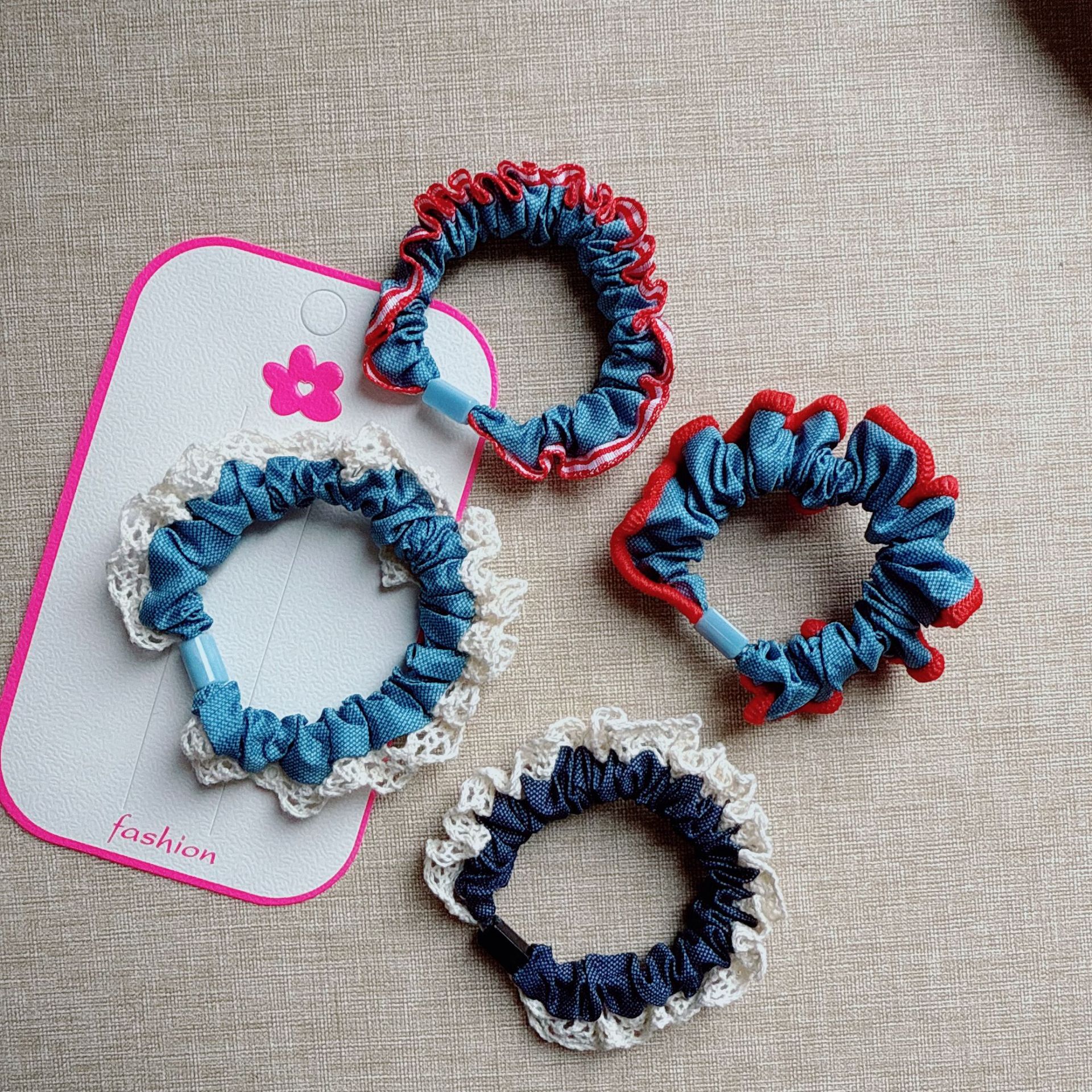 韩版牛仔蓝蕾丝花边柔软清新简约马尾小肠发圈高弹力发绳头绳发饰