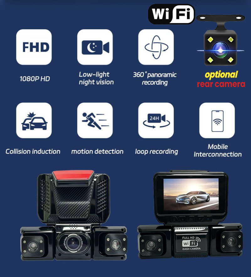 360-degree four-lens dashcam with WiFi mobile phone connectivity, infrared night vision, and loop recording