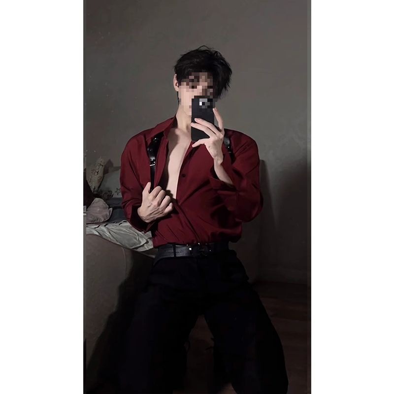 男士男生春秋季酒红色衬衫制服长袖痞帅打底禁欲衬衣系外套