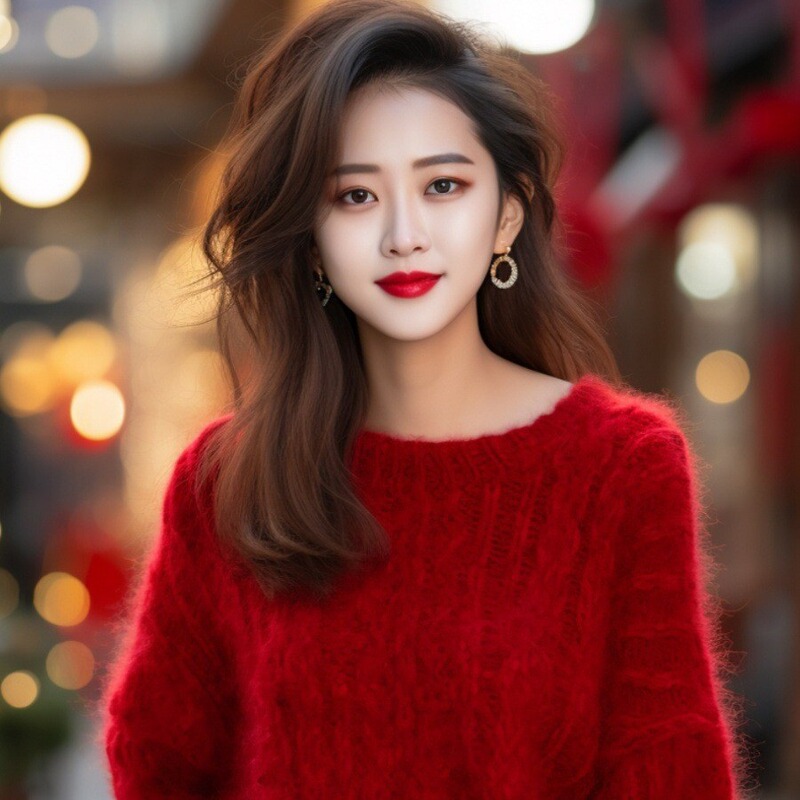 FL232235 red sweater looks good this year's popular beautiful lazy soft waxy mahair knitted thick line top