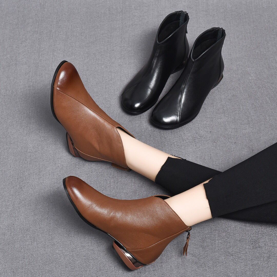 ShoeVault Round Toe Chunky Heel Back Zipper Korean Fashion For Women 2023 Autumn Winter New Fashionable Elegant Style Women's_vogvips.com