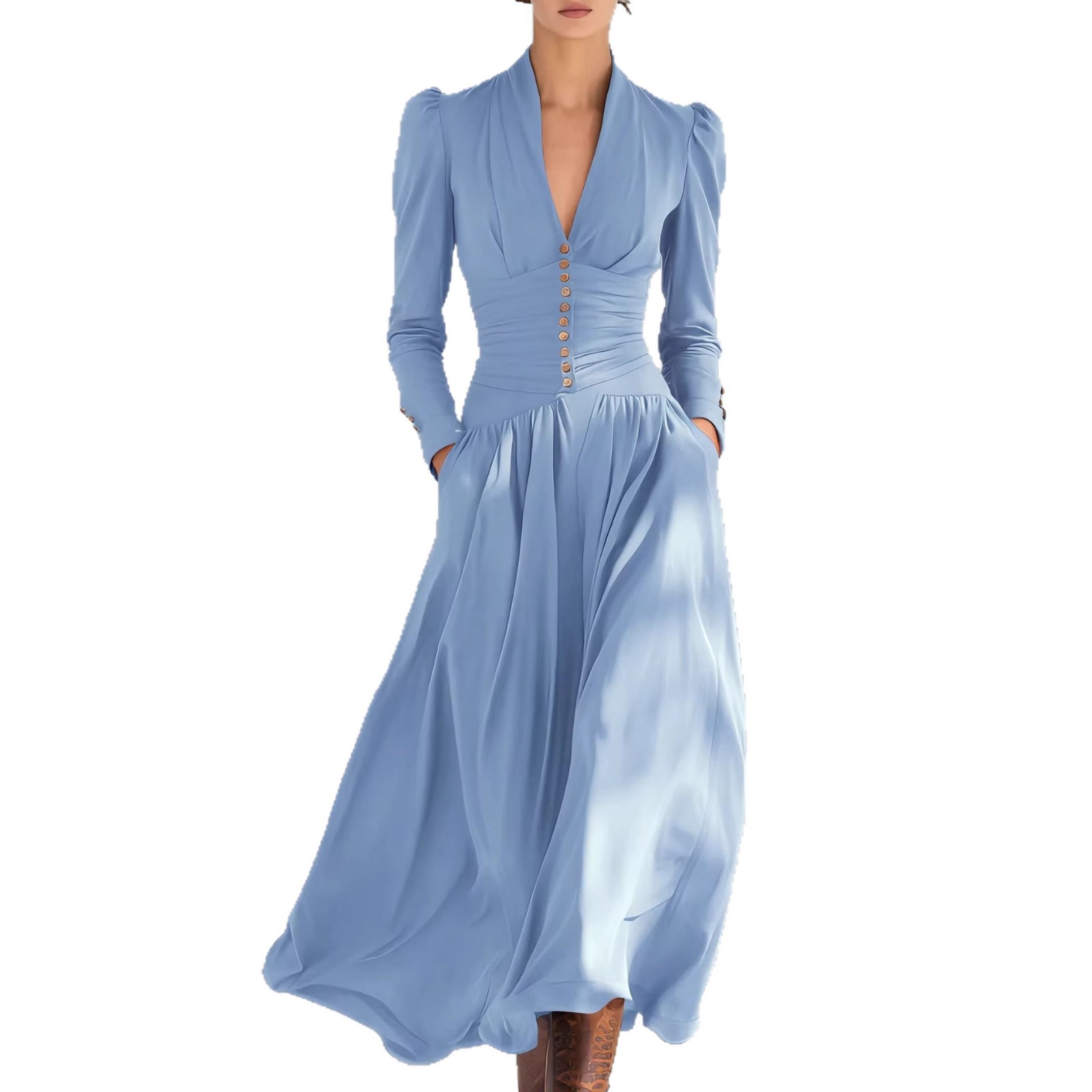 Elegant Waist Cinching V Neck Puff Sleeve Dress Full Skirt Women's Clothing_ecoleips.com