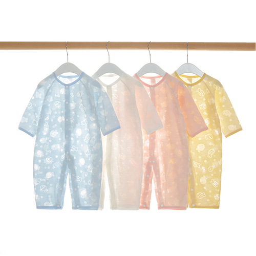 Baby jumpsuit summer thin boneless long-sleeved baby clothes newborn air-conditioned clothes pajamas men and women baby crawling clothes soft
