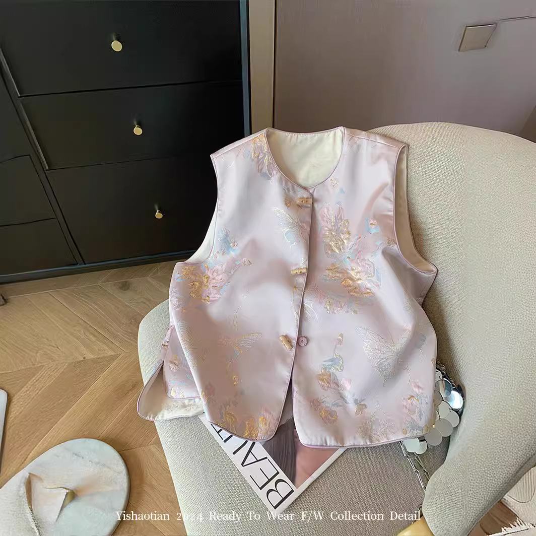 Pink New Chinoiserie National Style Embroidered Round Neck Buttoned Vest 2025 Women's Spring and Summer Classy Ladylike Elegant Sleeveless Vest