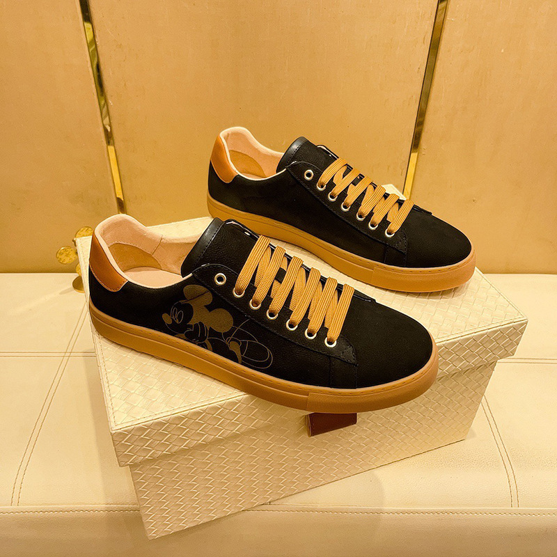 Luxury Trendy Brand Genuine Leather Sneakers for Men, High-End Mickey Mouse Korean Style Fashionable Casual Black Shoes, Tendon Sole Trendy Shoes