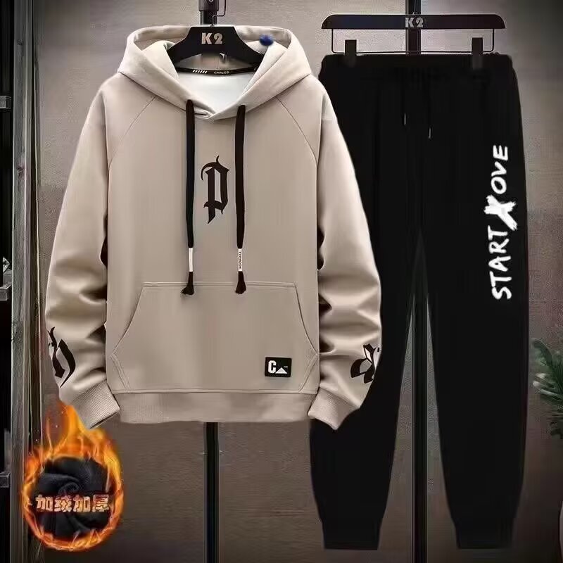 New casual plus velvet suit men's autumn and winter new loose increase trend sweater pants sports two-piece wholesale