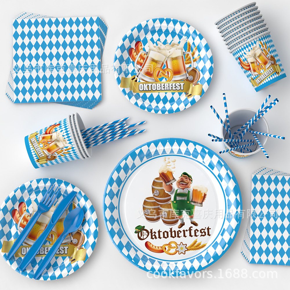 Nuevo Alemania Oktoberfest Party Decoración azul y blanco bandeja de papel desechable tazas de papel toallas de papel set de cubiertos
