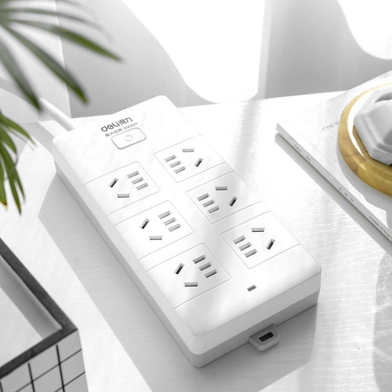 得力18264接线板插排防触电拖线板6孔插座10米线插线板电源插座