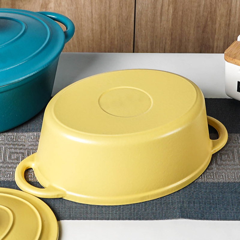 Pequeña felicidad 27cm esmalte de hierro fundido olla de sopa oval mariscos olla de estofado olla hogar no recubierto antiadherente olla eléctrica