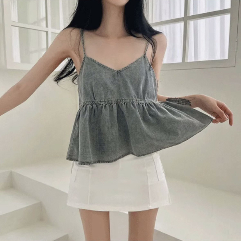 Korean-style Loose V-neck Short Ruffled Design Folded Styish Inner Wearing Vest Denim Camisole Top for Women