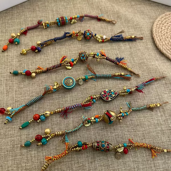 Ethnic Xizang Style Wax Rope Handrope Niche Vintage Bracelet Bronze Bell Adjustable New Chinese Bracelet
