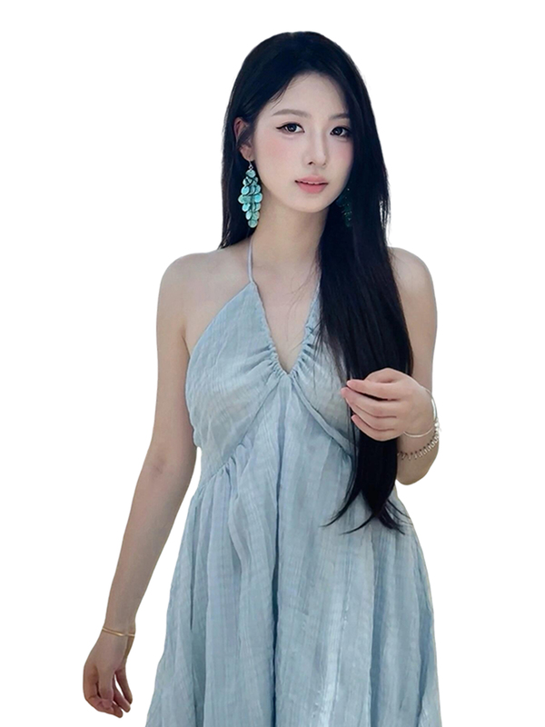 2025新款海边度假风蓝色挂脖吊带连衣裙子女夏季法式露背沙滩长裙|undefined