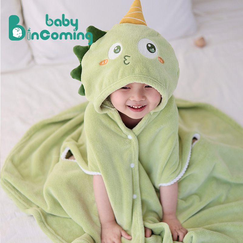 带帽男孩女孩斗篷浴袍可穿式珊瑚绒宝宝新生儿童浴巾柔软带帽斗篷
