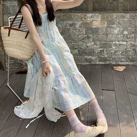 度假海边拍照长裙日系甜美小清新显瘦格子背心吊带连衣裙子女夏季