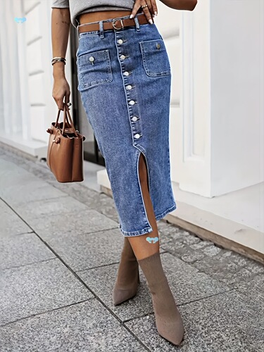 Slit Button Denim Skirt High Waist Denim Skirt with Slit