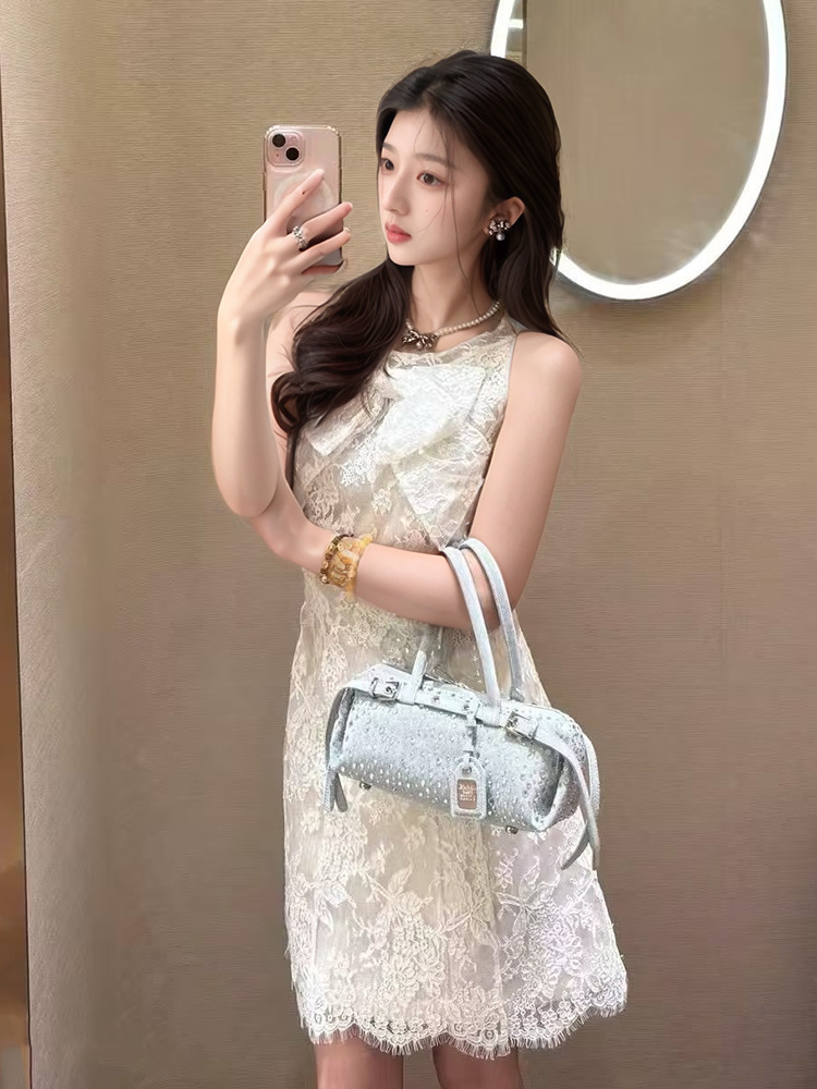 Váy ren lưới phối nơ kiểu Pháp ôm sát nữ mùa hè ZX N3058 — Màu trắng be