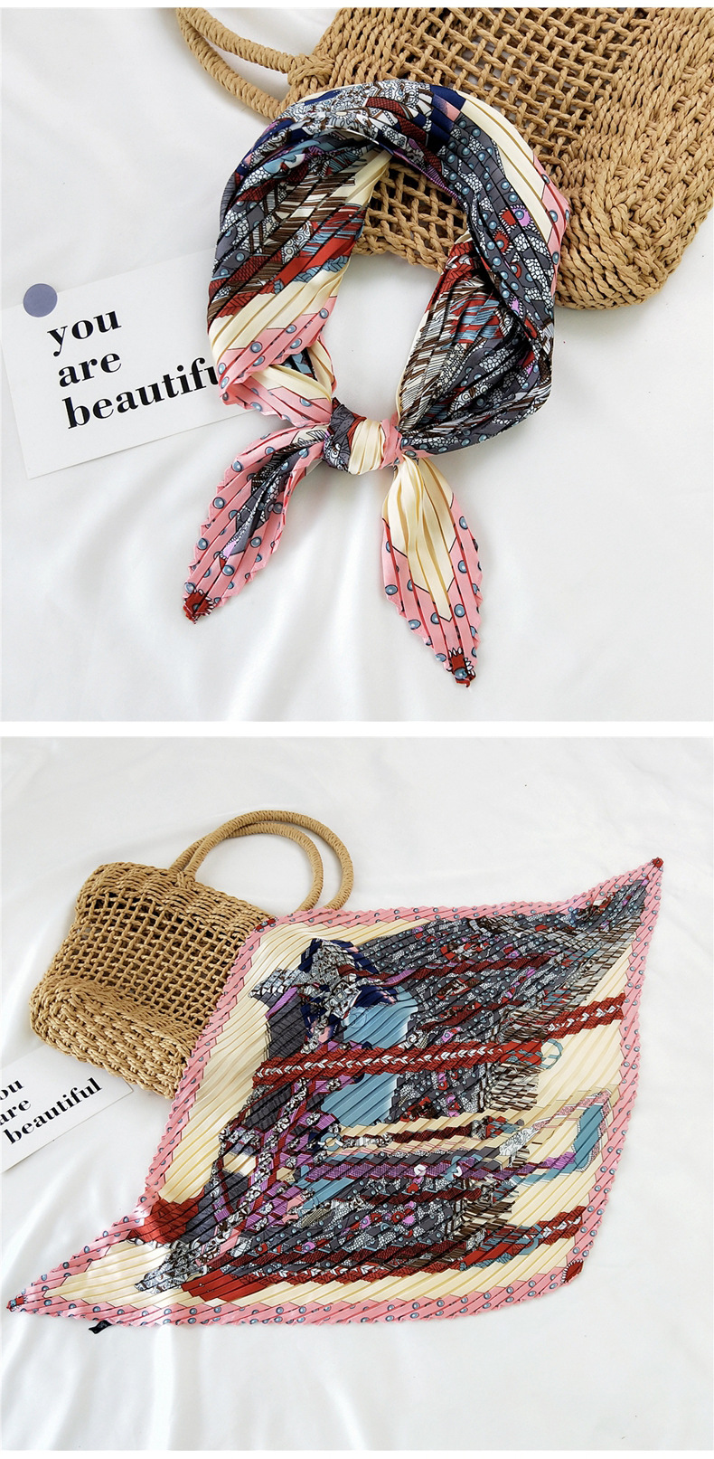 45g Weight Silk Scarf Classification Travel Occasion Silk Material Unisex Gender Sweet Style Khaki, Grey, White, Red, Green, Blue, Yellow, Black Color Korean Pleated Silk Square Scarf 9