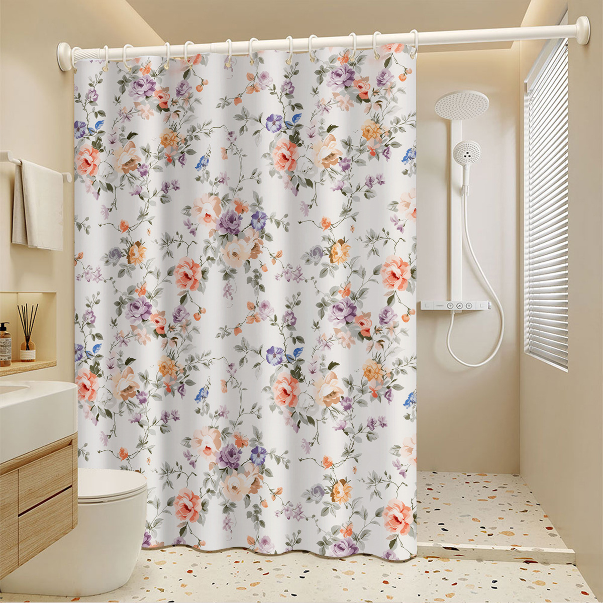 Floral Balcony Curtain With Telescopic Rod No Drill Easy Install_voghion.com