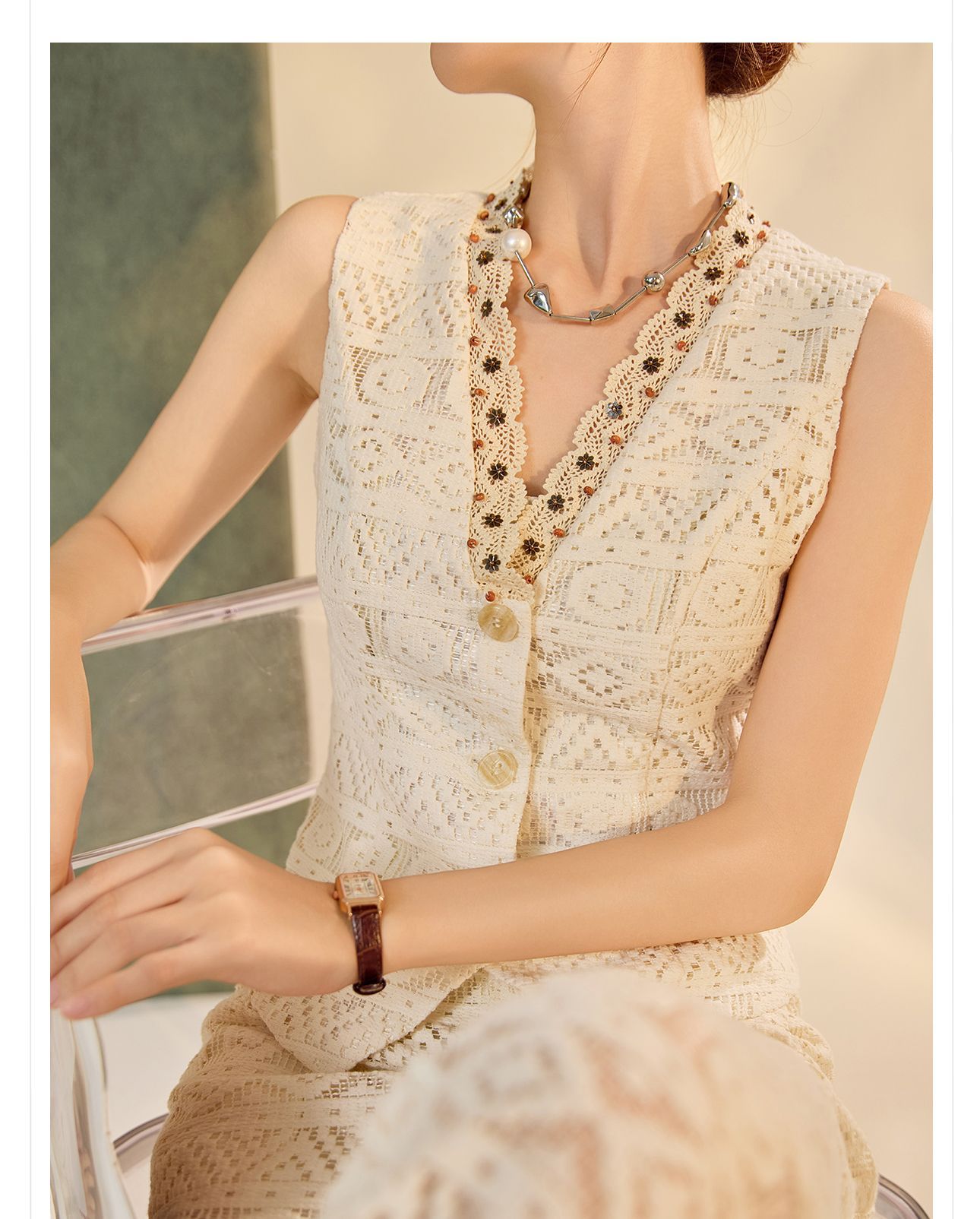Bộ vest quần dài nữ cổ chữ V khoét lỗ phong cách retro cao cấp mùa hè 2026 — Quần dài, Vest [có dây ruy băng] chi tiết 4
