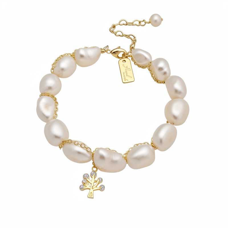 18 quilates de oro real, pulsera de perlas de piedra de agua dulce, pulsera de nicho de lujo ligera, joyería de alta calidad