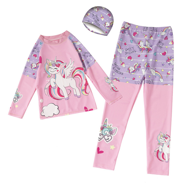 Traje de baño para niños de manga larga para niñas pequeño mediano y grande de una pieza de protección solar de dibujos animados bañador estudiante Hot Spring traje de baño de secado rápido al por mayor