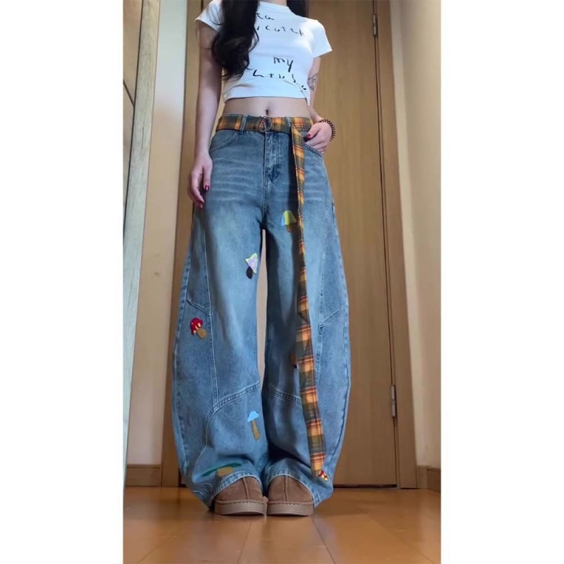 牛仔裤女秋季vibe风蘑菇图案毛巾绣阔腿裤设计感格纹腰带弯刀裤潮|undefined