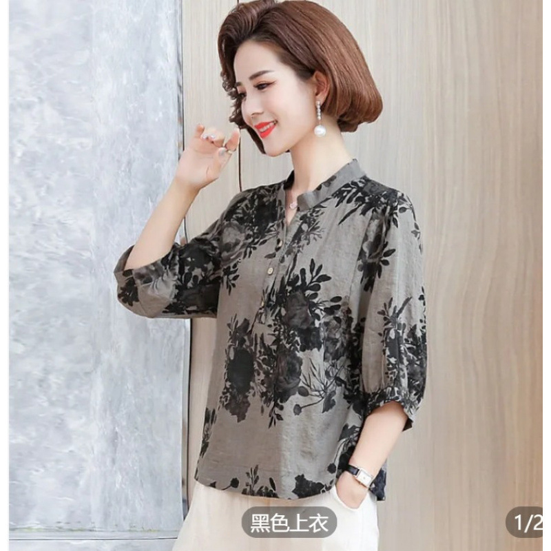 2025 Cotton and Linen Mother's Clothing Summer Fashion Three-Quarter Sleeve Women's T-Shirt Middle-Aged and Elderly Elegant Printed Shirt Women's Top 2025 Cotton and Linen Mother's Clothing Summer Fashion Three-Quarter Sleeve Women's T-Shirt Middle-Aged and Elderly Elegant Printed Shirt Women's Top