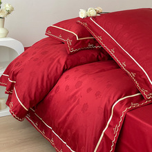 时尚简约结婚100S长绒棉四件套全棉刺绣提花玫瑰婚庆大红纯棉被