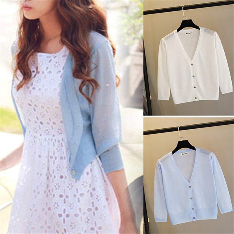 Ice Silk Ultra-Thin Summer Sun-Protective Knit Cardigan with Three-Quarter Sleeves, Women's V-Neck Air Conditioning Shirt, Short Shawl Jacket