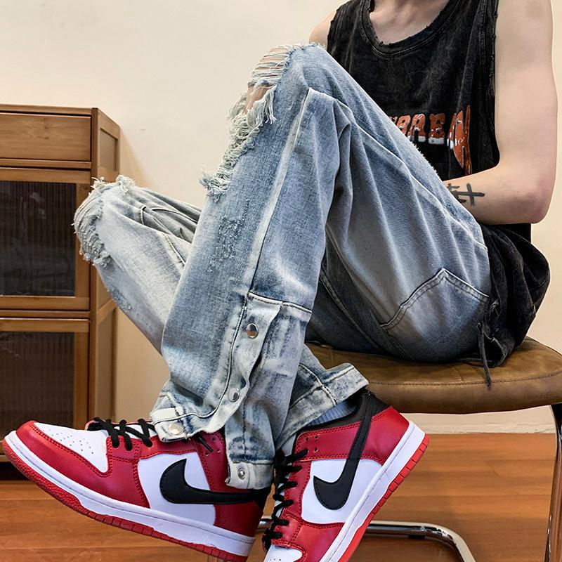 American-Style Cool Ripped Jeans for Men, Street Hip-Hop Trendy Loose-Fitting Bf Casual Unique Niche Buttoned Dad Pants