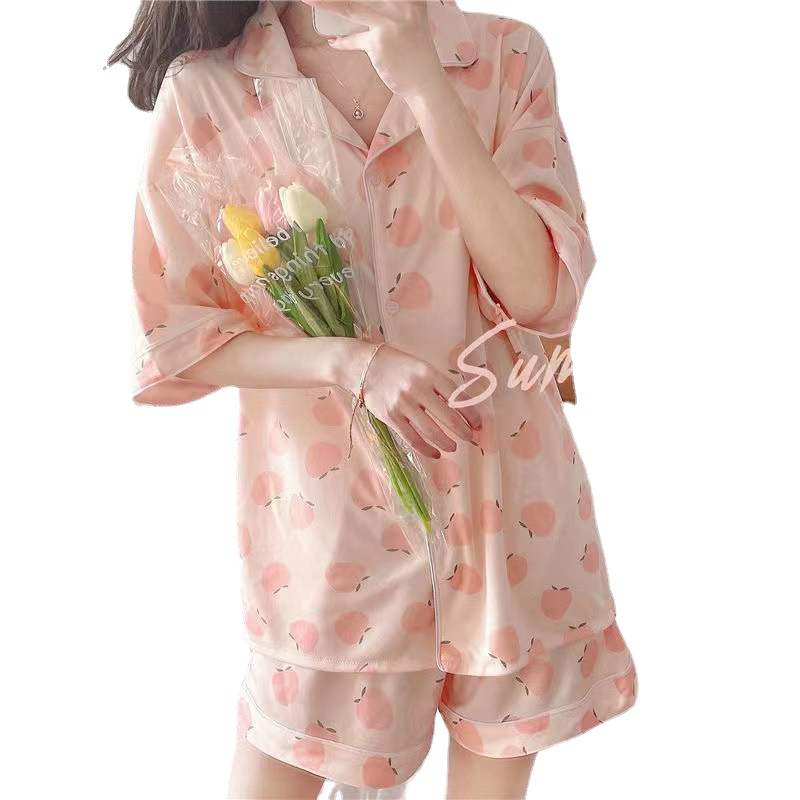 인 스타일 잠옷 여성 여름 투피스 가디건 신입생 인터넷 연예인 달콤한 겉옷 집에서 입는 반바지 세트