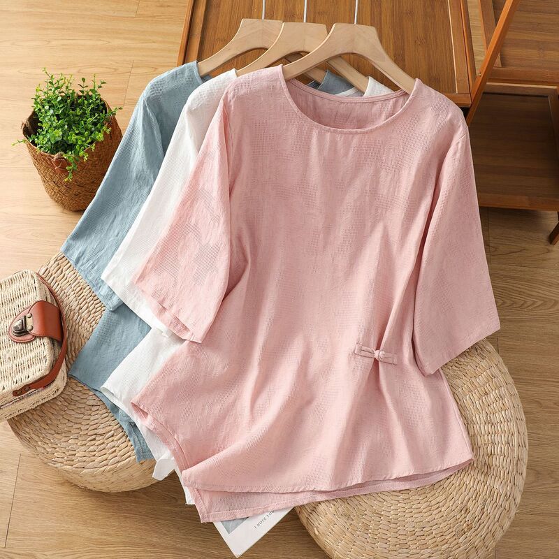 New Style Artistic Plus-Size Cotton-Linen Jacquard Short-Sleeve T-Shirt with Irregular Hem, Loose Fit, Slimming, Fashionable Ethnic Style