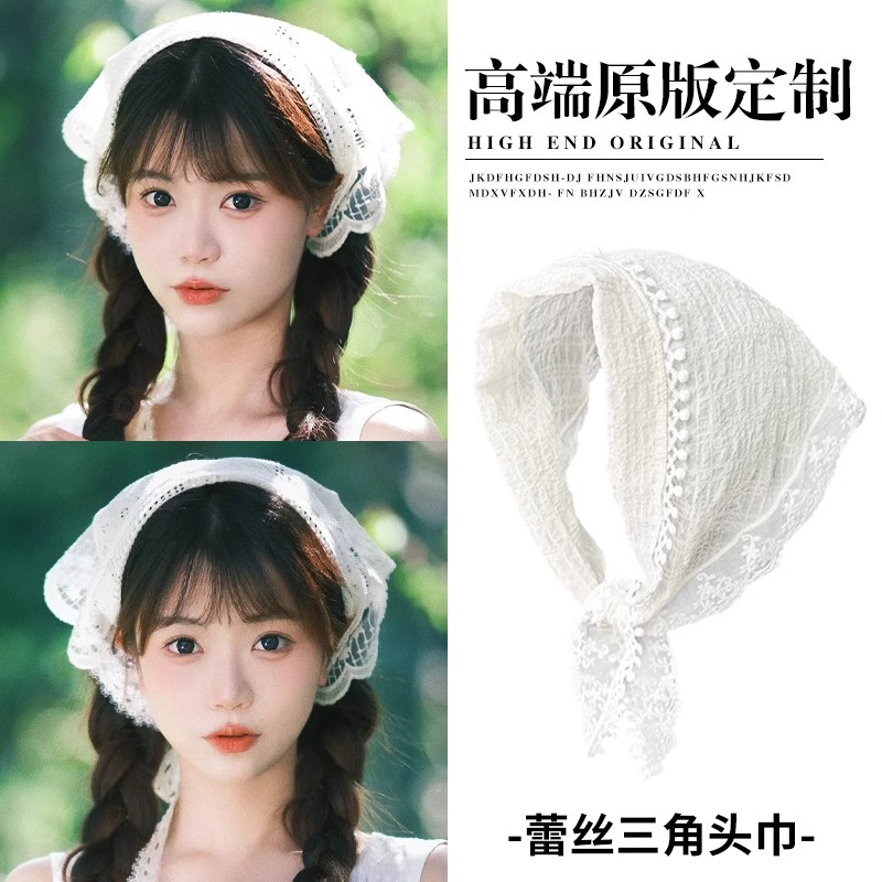 Pañuelo de encaje francés para mujeres 2025 nuevo pañuelo triangular de verano pastoral pañuelo triangular blanco para el cabello