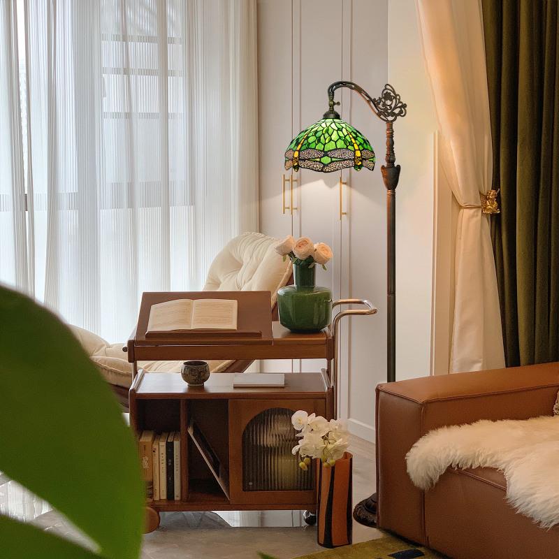 European Tiffany Victorian Style 30cm Green Dragonfly Floor Lamp Indoor Lighting Soft Light Arch Swan Neck
