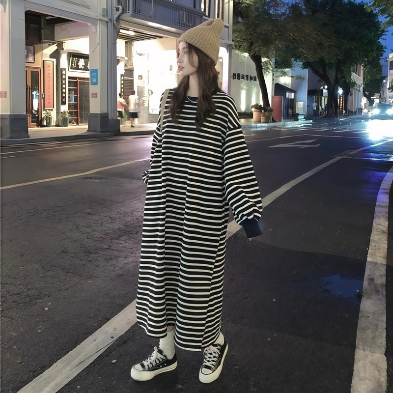 复古条纹卫衣连衣裙女秋季长款过膝遮肉显瘦休闲宽松学院风t恤裙|undefined