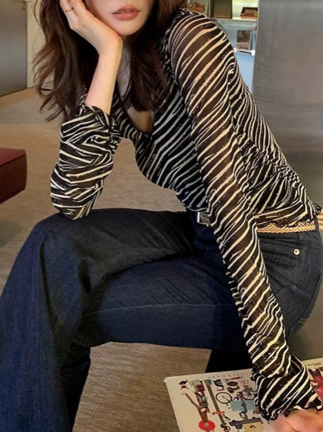 网纱微透长袖修身斑马条纹V领T恤女秋季新款复古设计感打底衫上衣|undefined