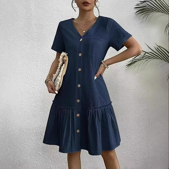 Cross-Border Amazon Popular European and American Clothing Dress Cotton and Linen Comfortable Fashion Casual Vacation Cardigan Dress for Women