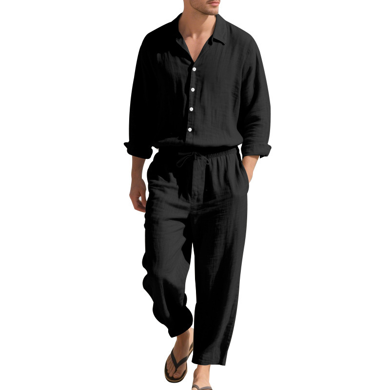 Estación independiente transfronteriza American Four Seasons Lino casual para hombres Playa suelta Protector solar Camisa de manga larga Traje de pantalón